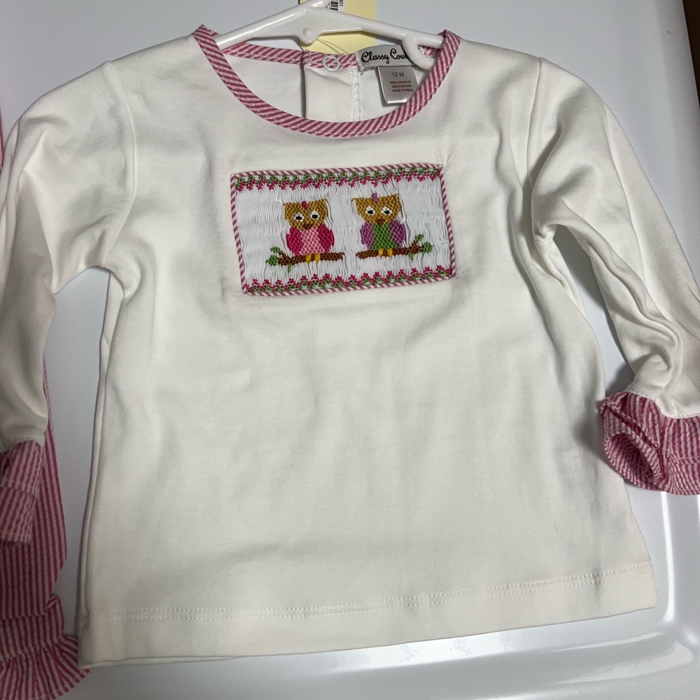 Cute Owl Embroidered Kids two piece set - White and Pink